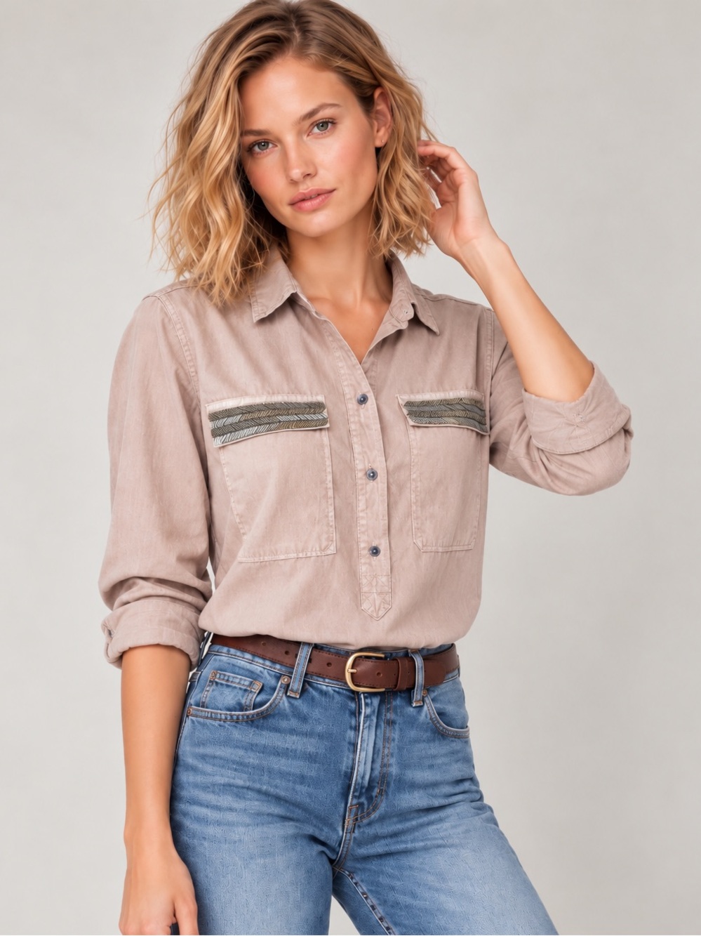 NWT J Crew Beaded chevron popover shirt in taupe Size 10